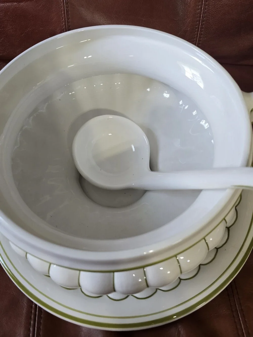 White and Olive Green Lidded Tureen with Underplate